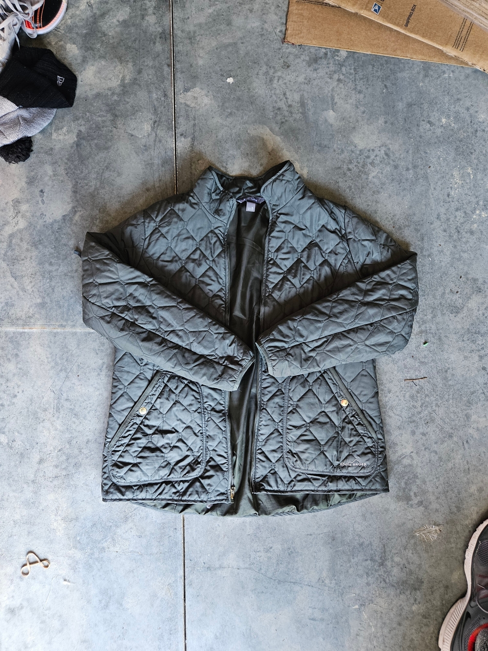 Eddie Bauer Womens XL Quilted Jacket Olive Green Lightweight Snap Zip Coat